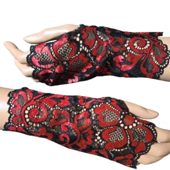 czarno czerwone mitenki z koronki